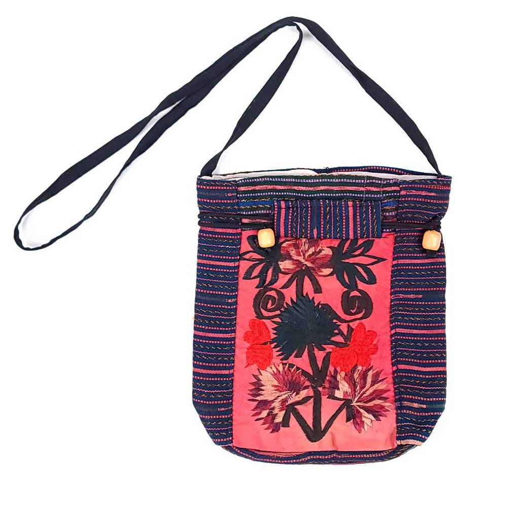 Handmade‎ Floral Embroidered Woven Crossbody Bag Drawstring Pink Striped Boho